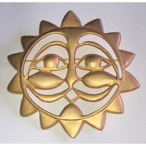HL Signed HUGE Celestial Sun Satin Soft Gold Tone Vintage Brooch Shoulder Pin